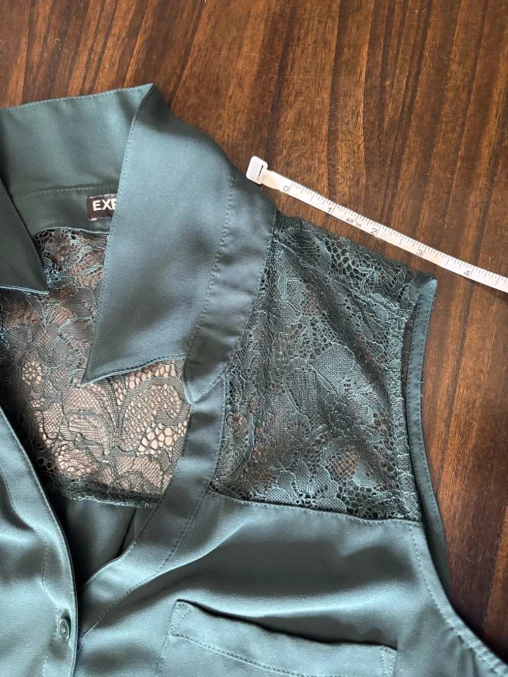 Express Sleeveless Lace Yoke Blouse Dark Green Button Front Size M - Picture 6 of 8